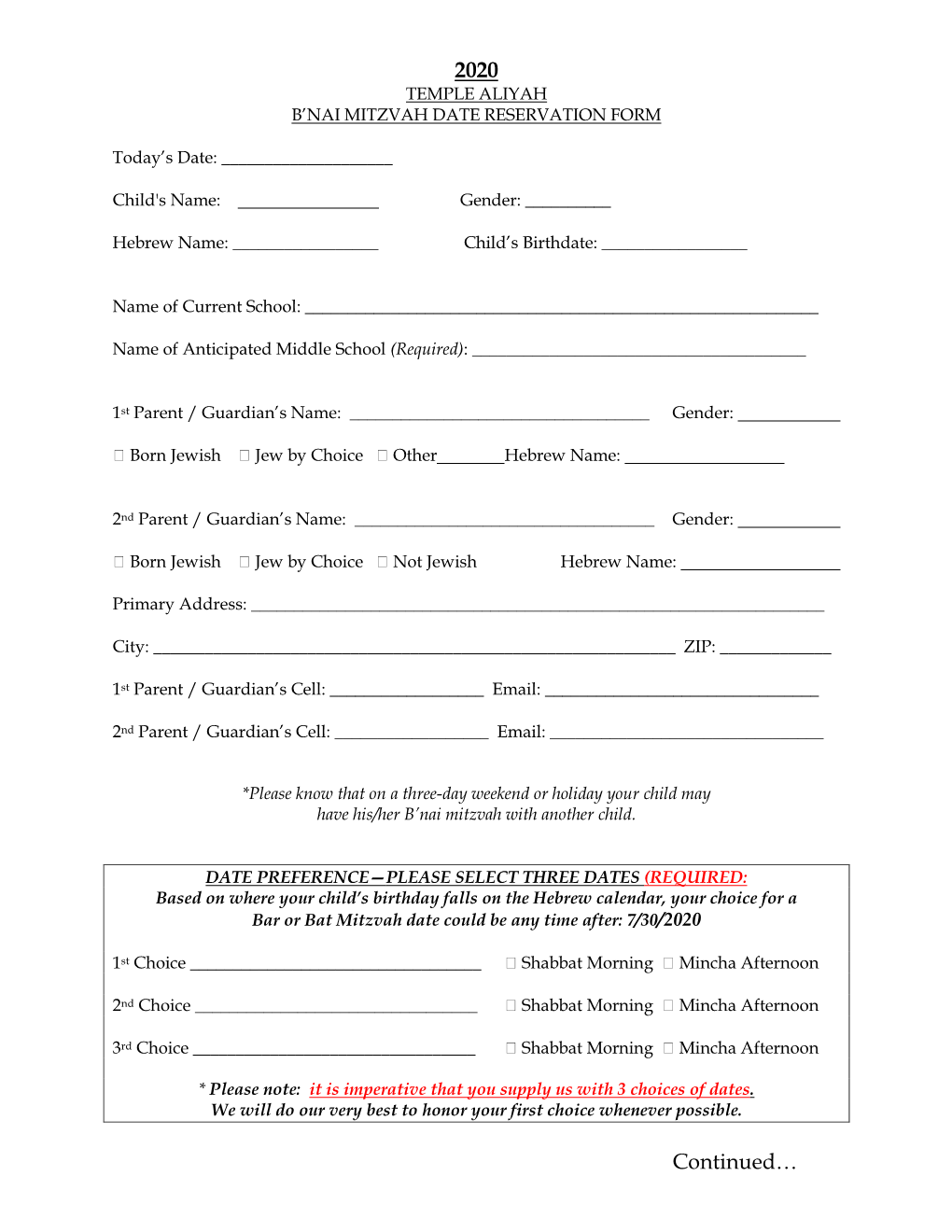 B'nai Mitzvah Date Reservation Form