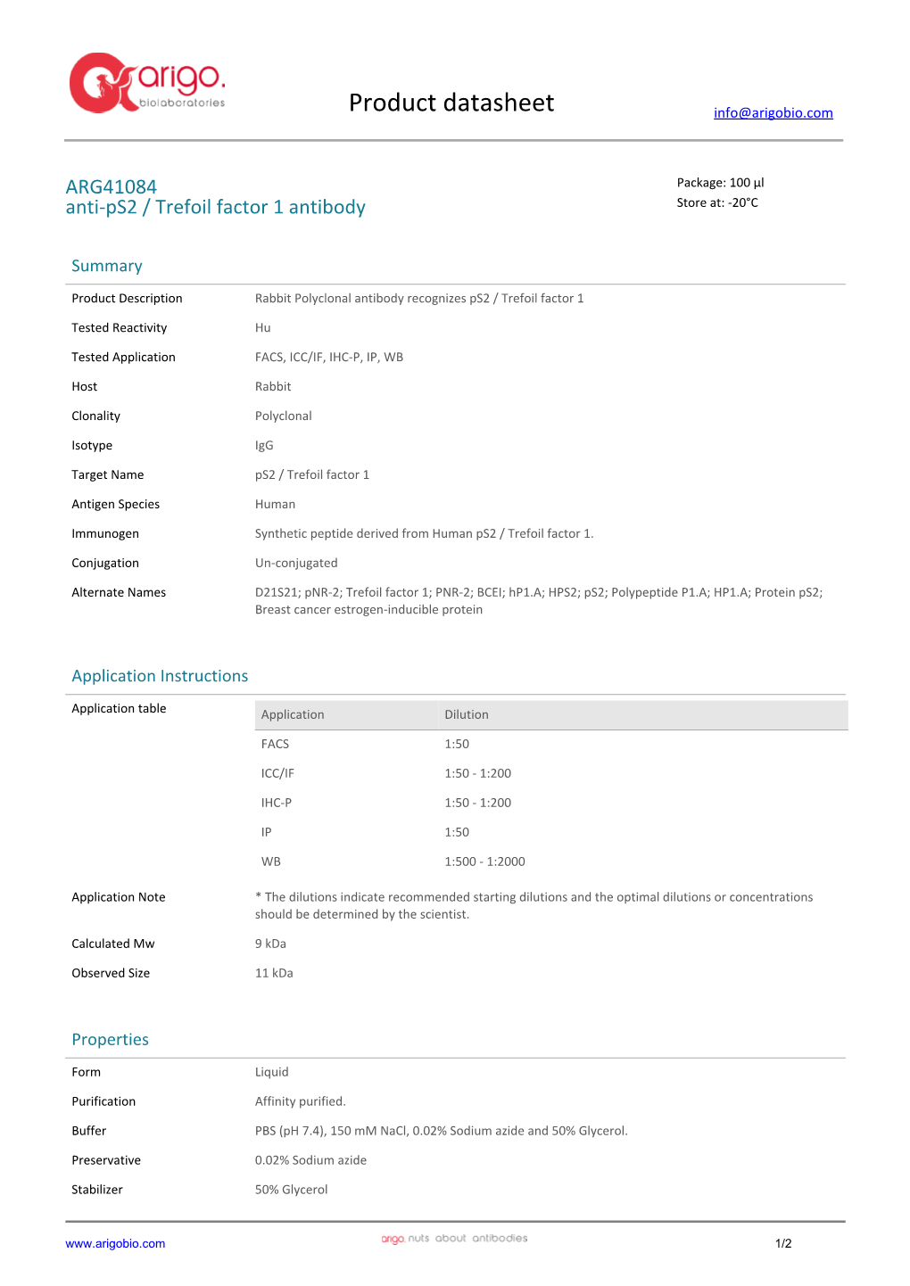 Anti-Ps2 / Trefoil Factor 1 Antibody (ARG41084)