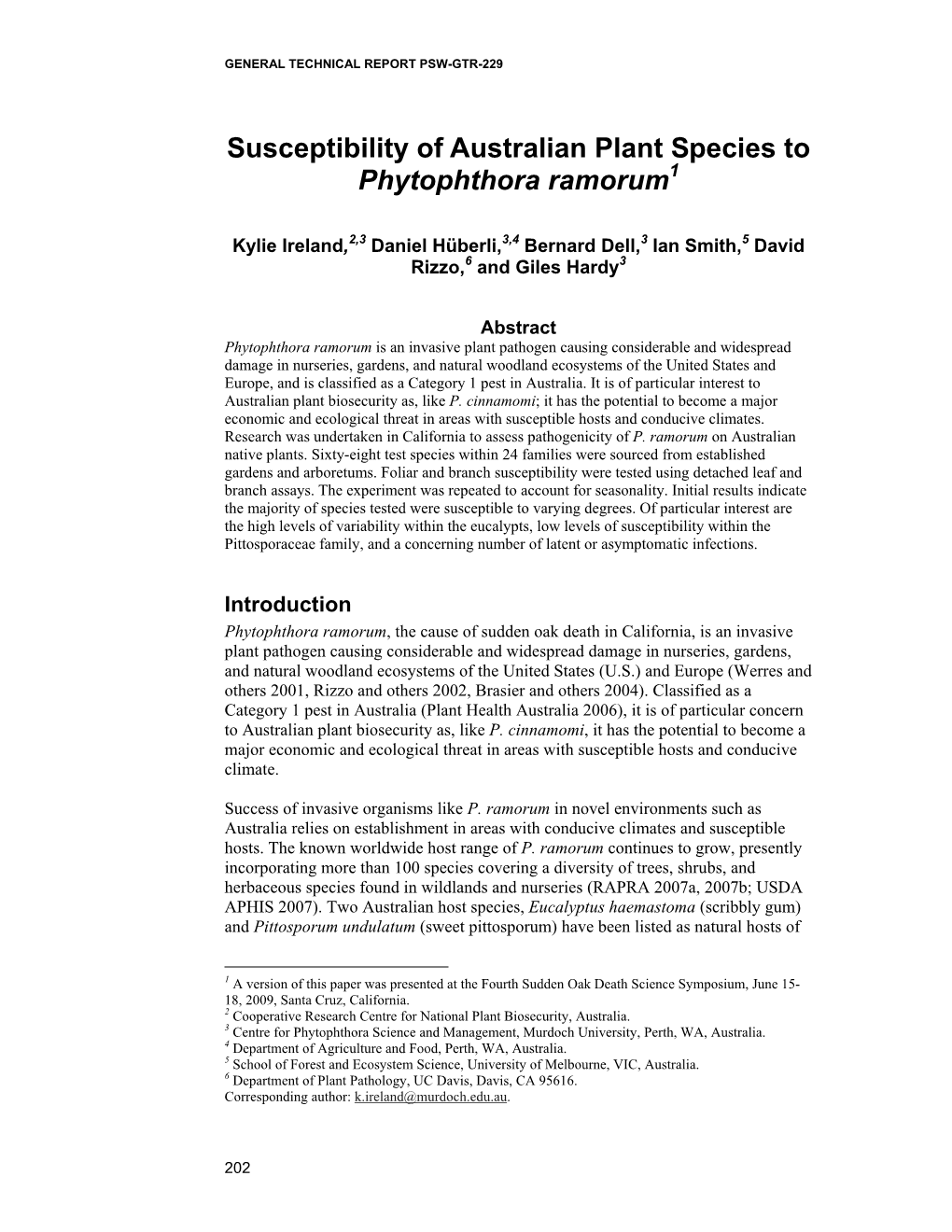 Susceptibility of Australian Plant Species to Phytophthora Ramorum1