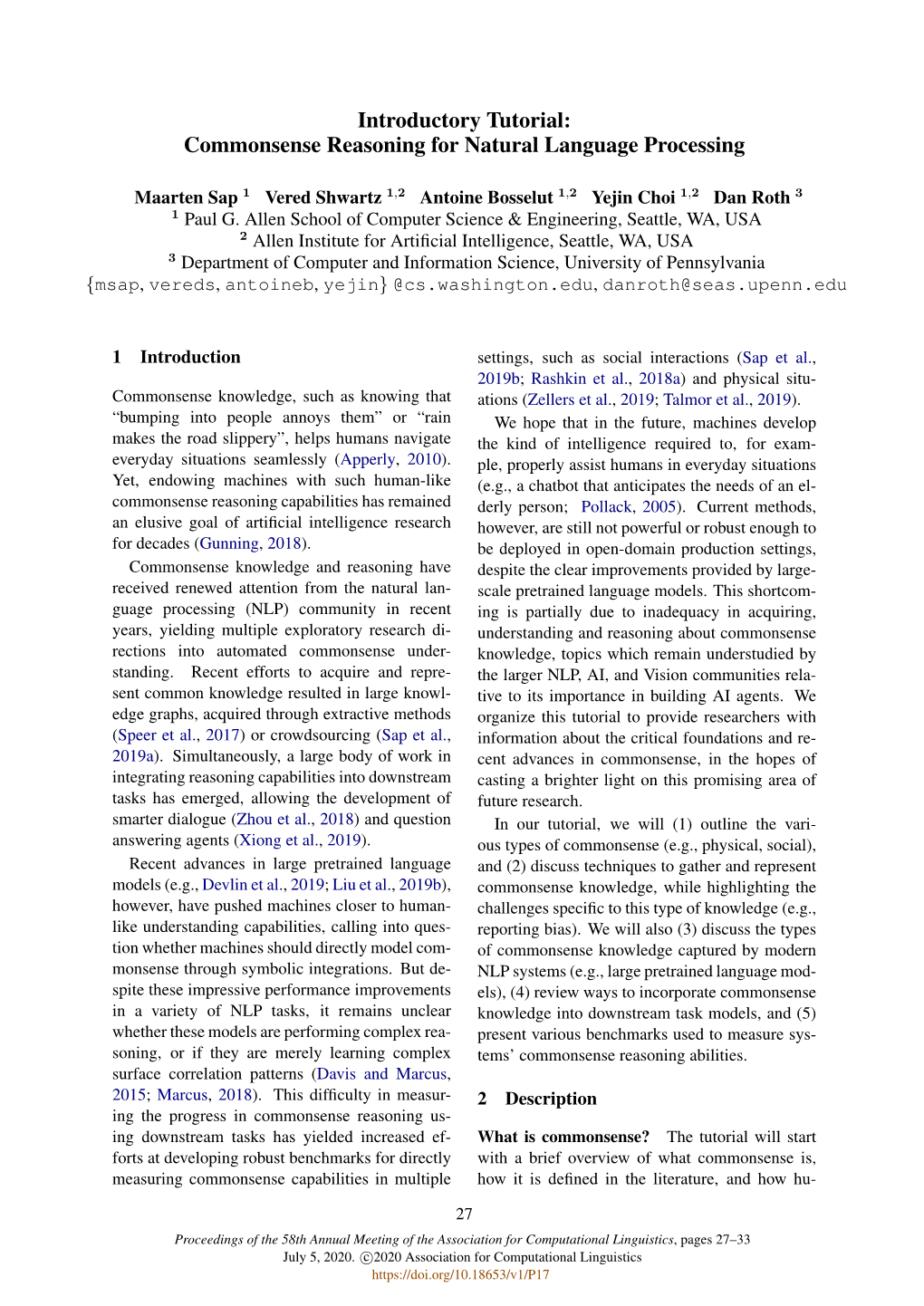 Commonsense Reasoning for Natural Language Processing