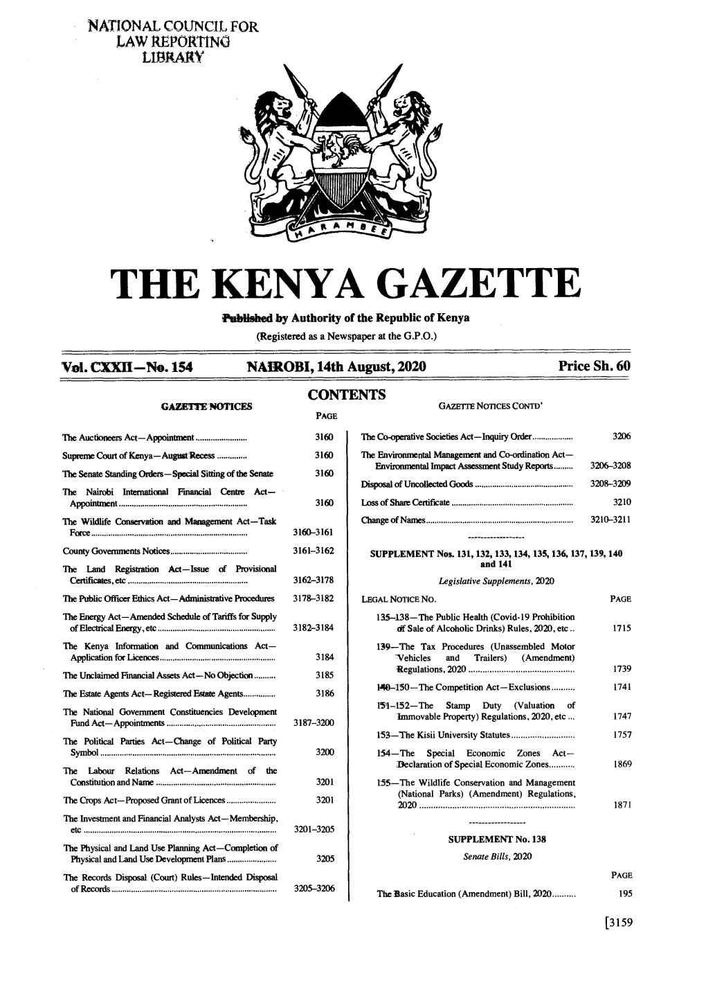 THE KENYA GAZETTE Published by Authority of the Republic of Kenya (Registered As a Newspaper at the G.P.O.) � Vol