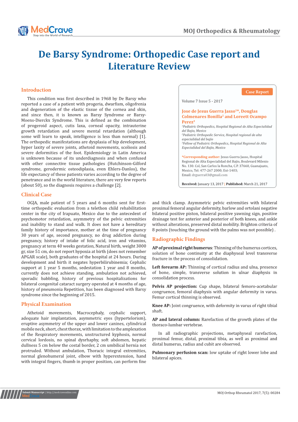 De Barsy Syndrome: Orthopedic Case Report and Literature Review