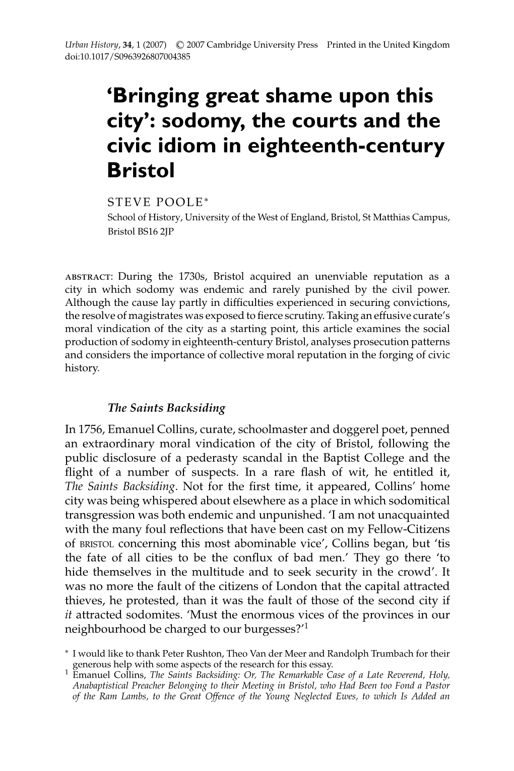 Sodomy, the Courts and the Civic Idiom in Eighteenth-Century Bristol