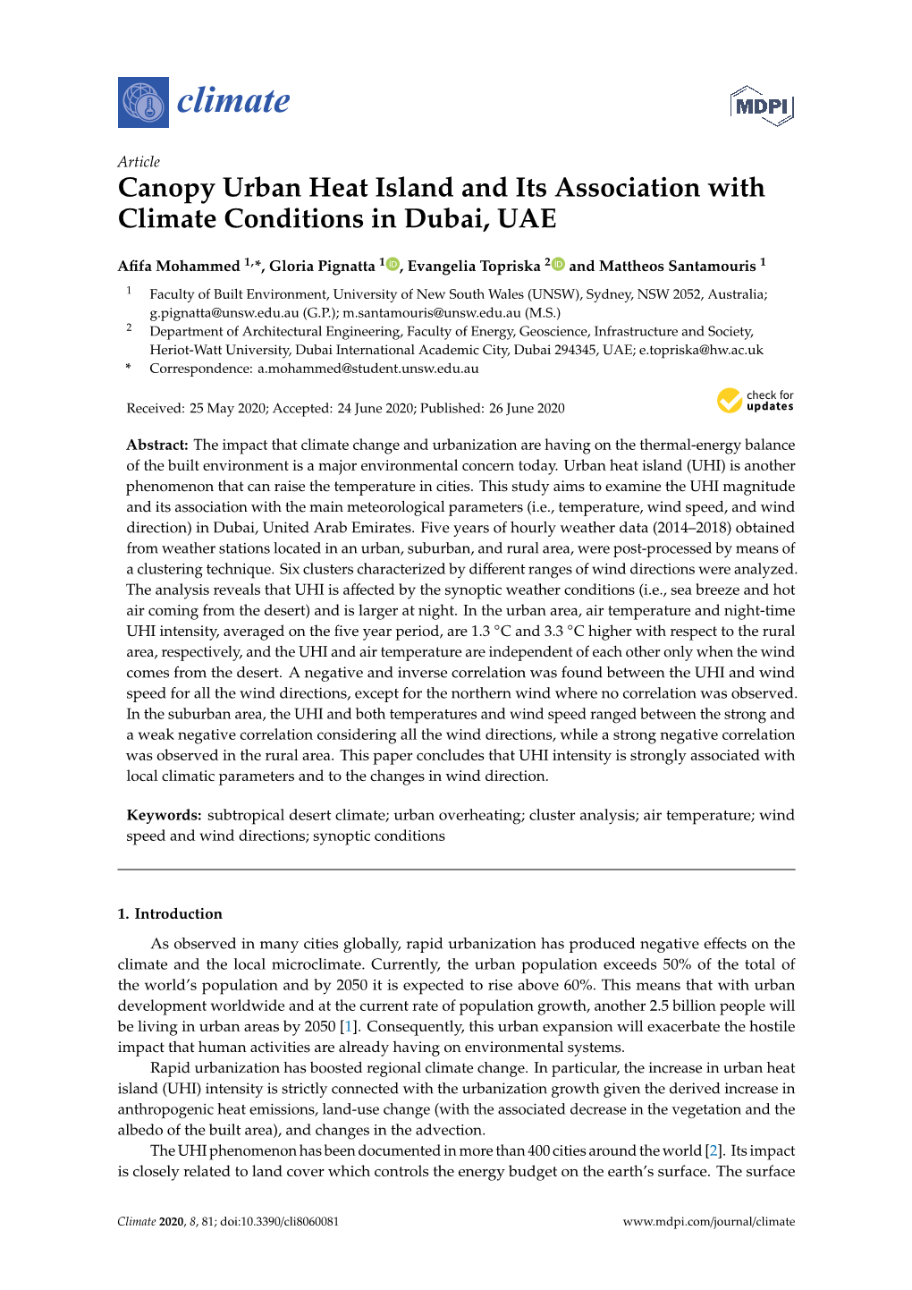 Canopy Urban Heat Island and Its Association with Climate Conditions in Dubai, UAE