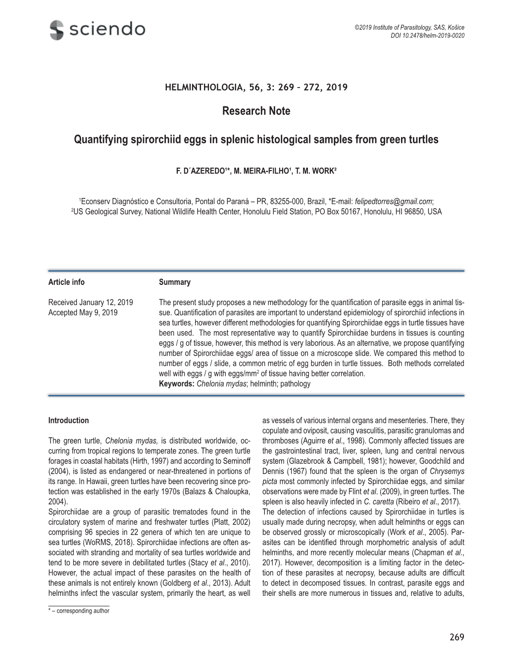 Research Note Quantifying Spirorchiid Eggs in Splenic Histological