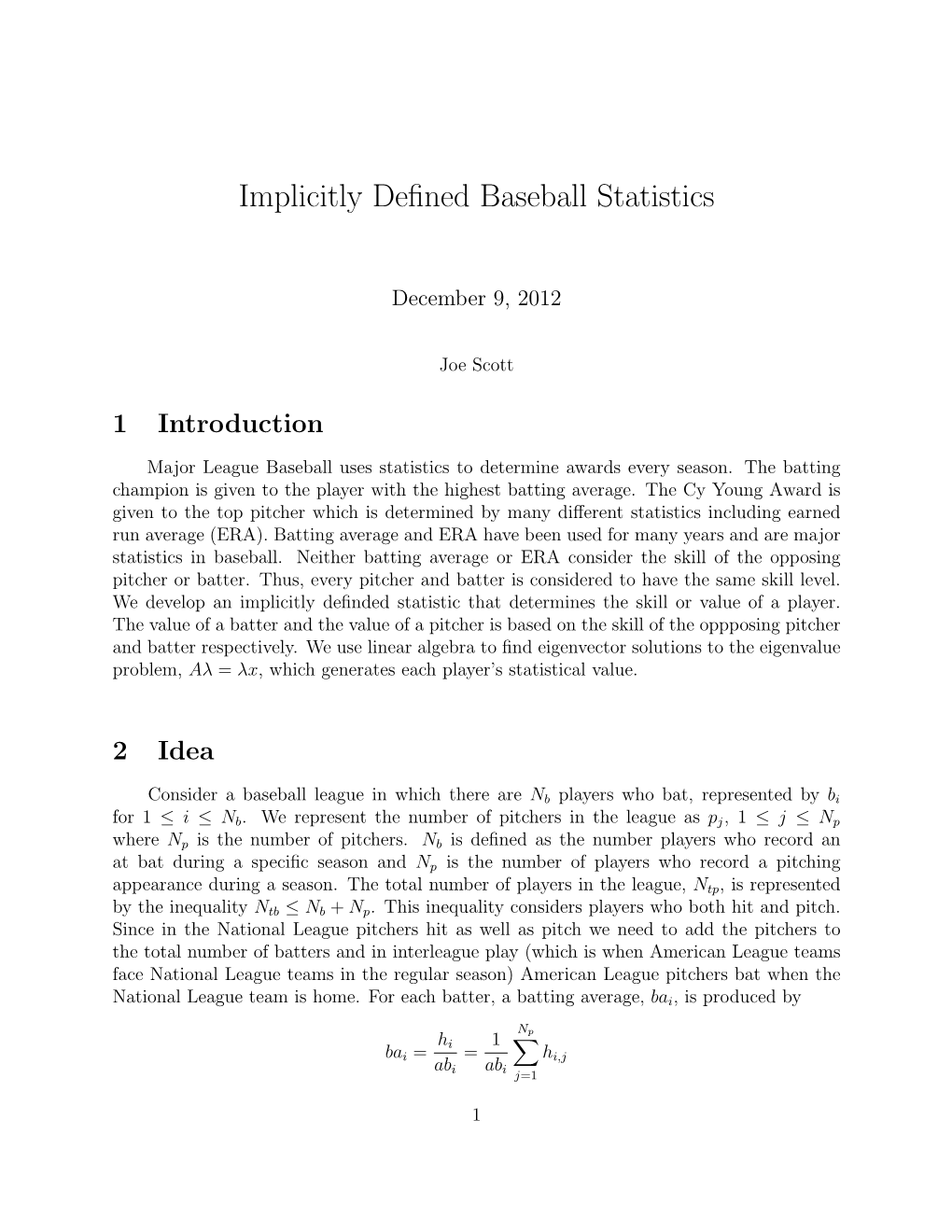Implicitly Defined Baseball Statistics