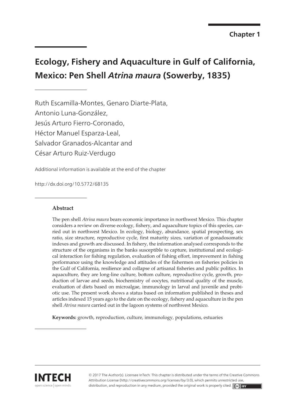 Ecology, Fishery and Aquaculture in Gulf of California, Mexico: Pen Shell Atrina Maura (Sowerby, 1835)