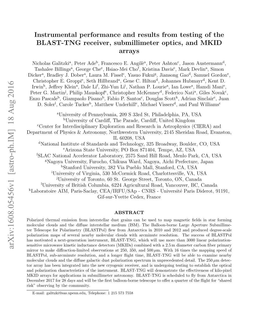 Instrumental Performance and Results from Testing of the BLAST-TNG Receiver, Submillimeter Optics, and MKID Arrays