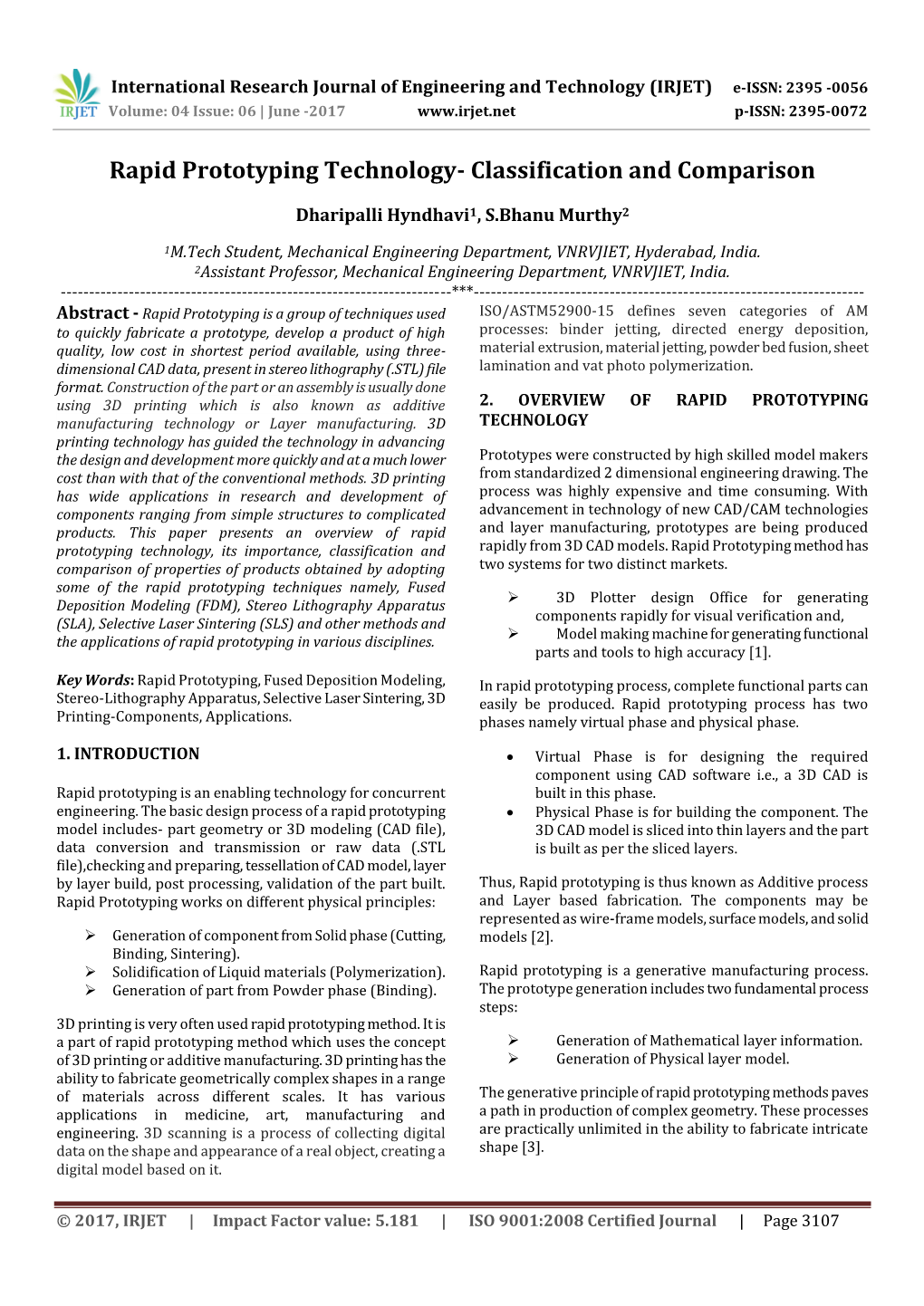 Rapid Prototyping Technology- Classification and Comparison