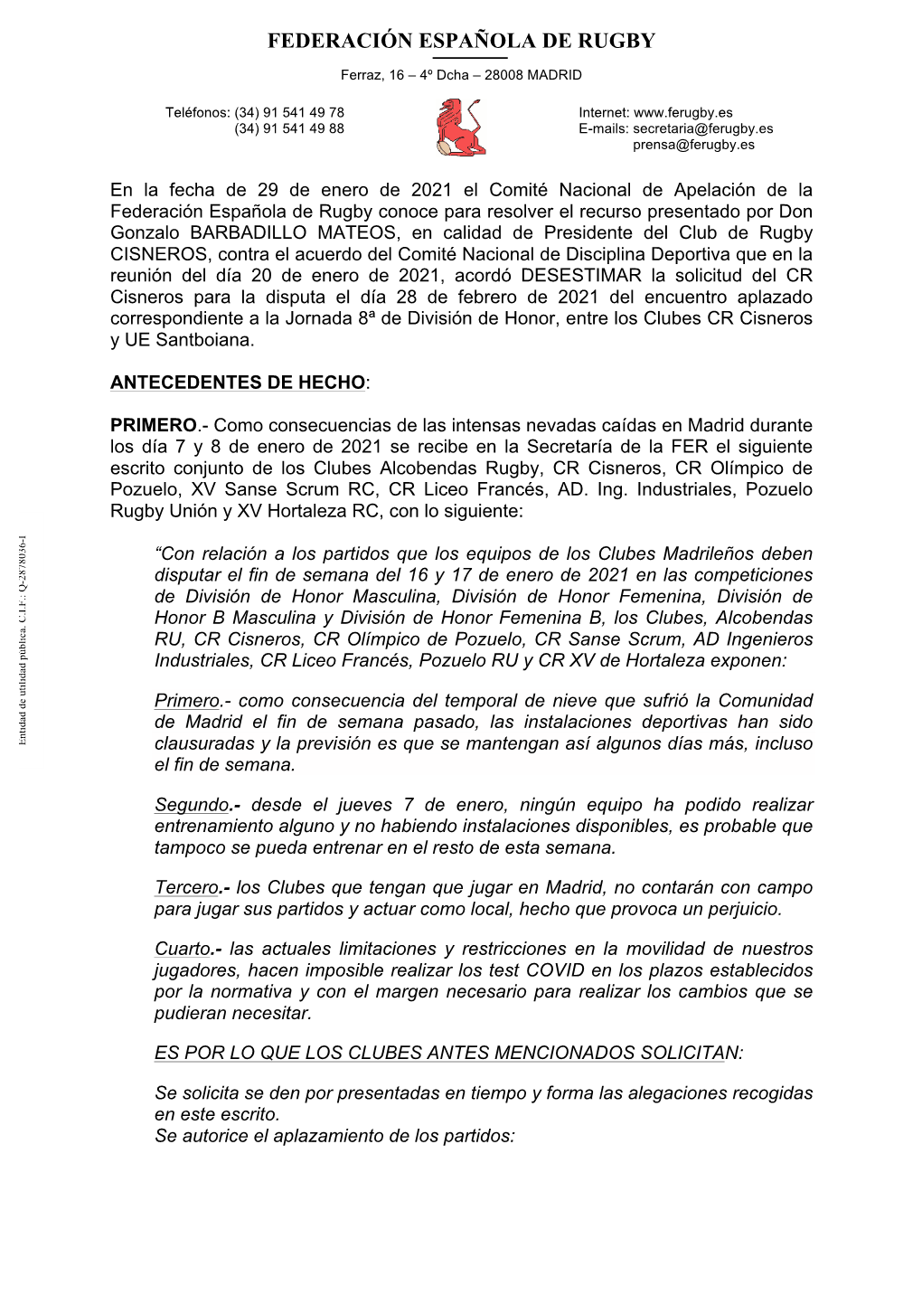 Acuerdo 29/01/21. Recurso CR Cisneros