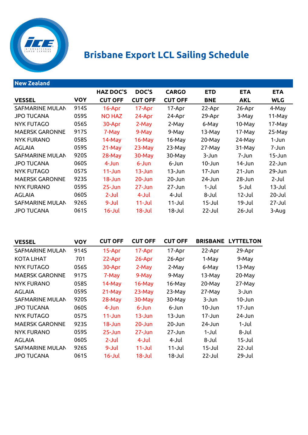 Brisbane Export LCL Sailing Schedule