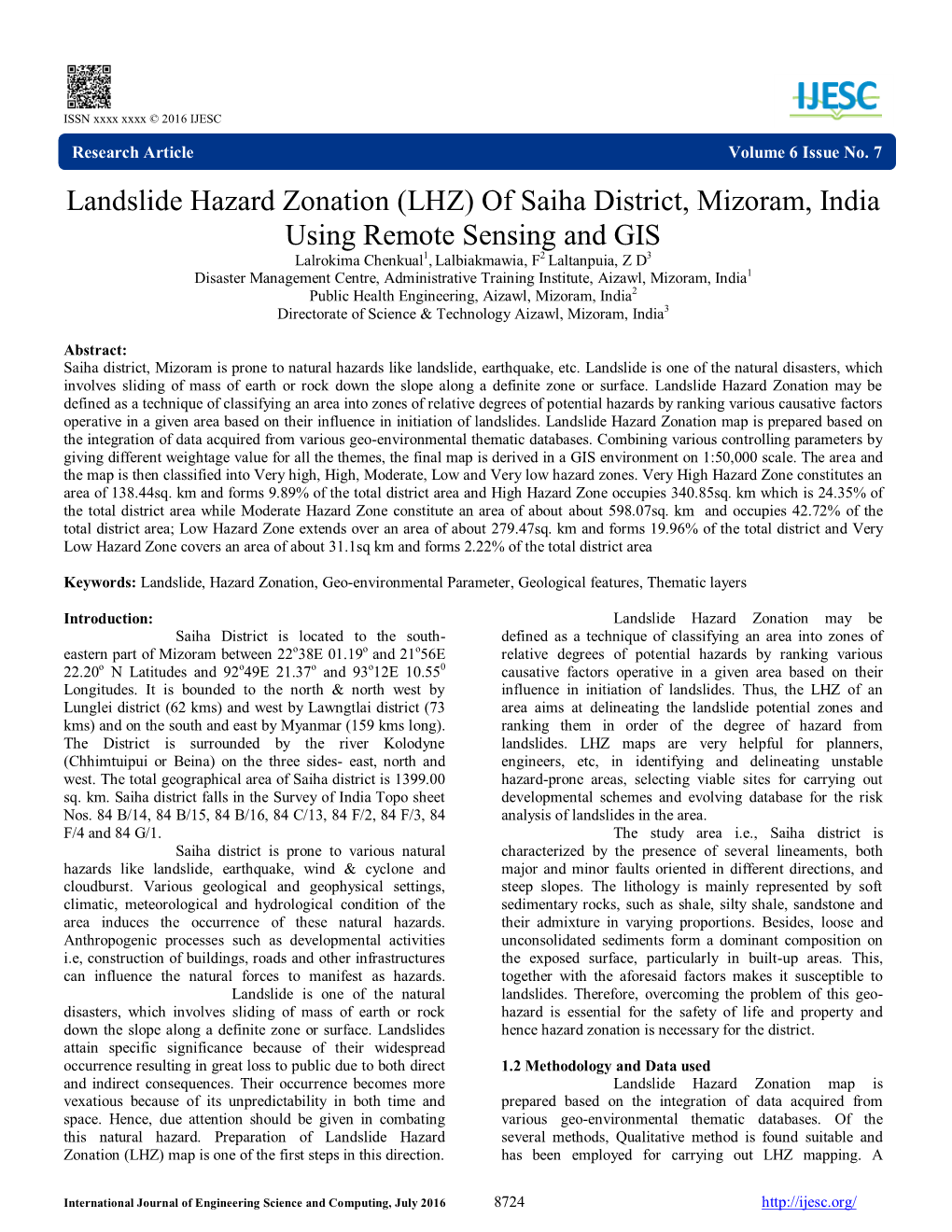 Landslide Hazard Zonation (LHZ) of Saiha District, Mizoram, India Using