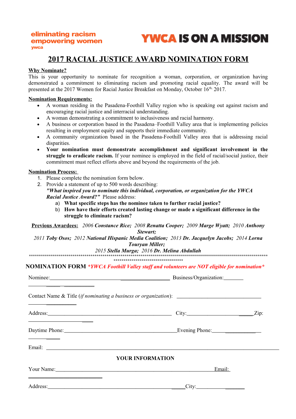 2017 Racial Justice Award Nomination Form