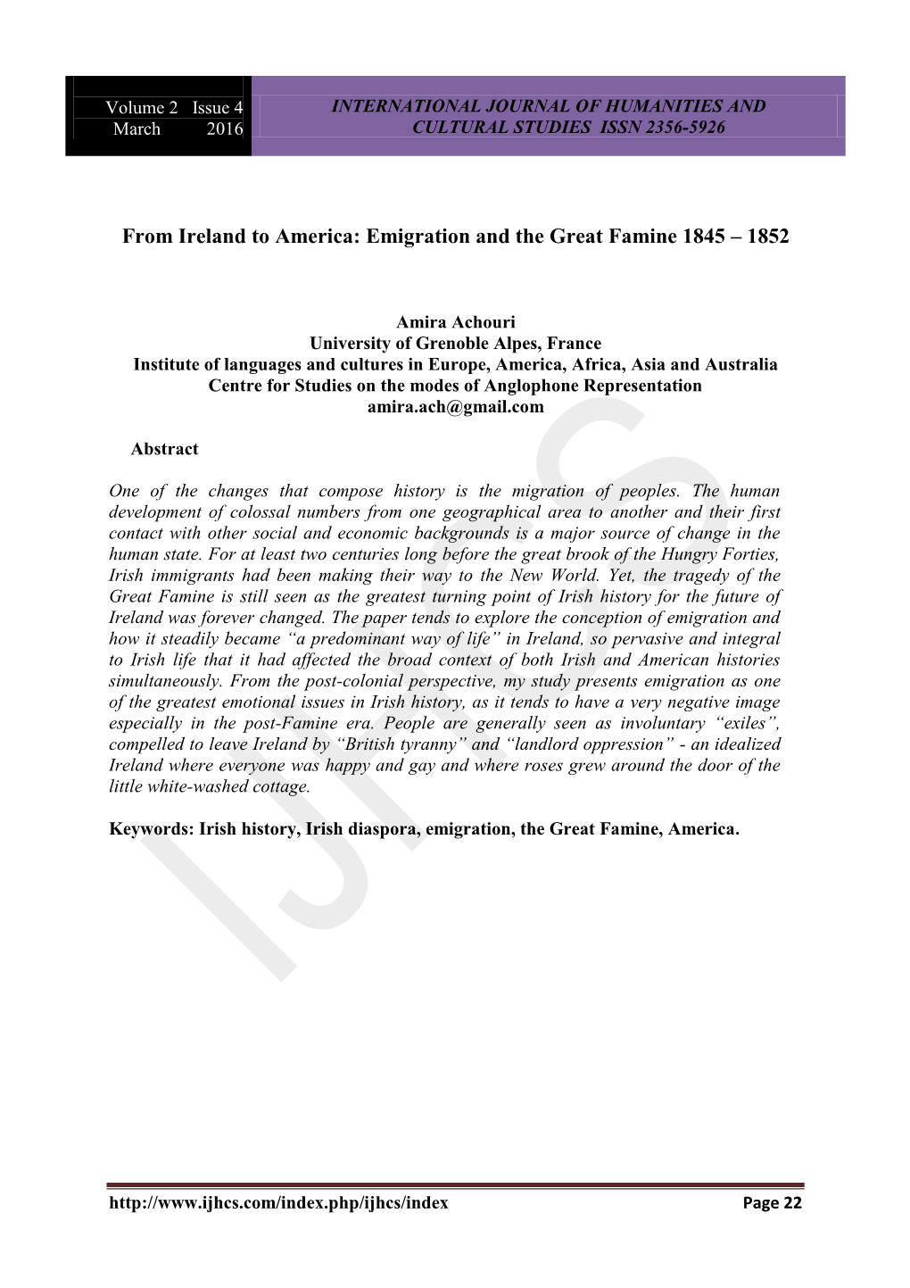 From Ireland to America: Emigration and the Great Famine 1845 – 1852