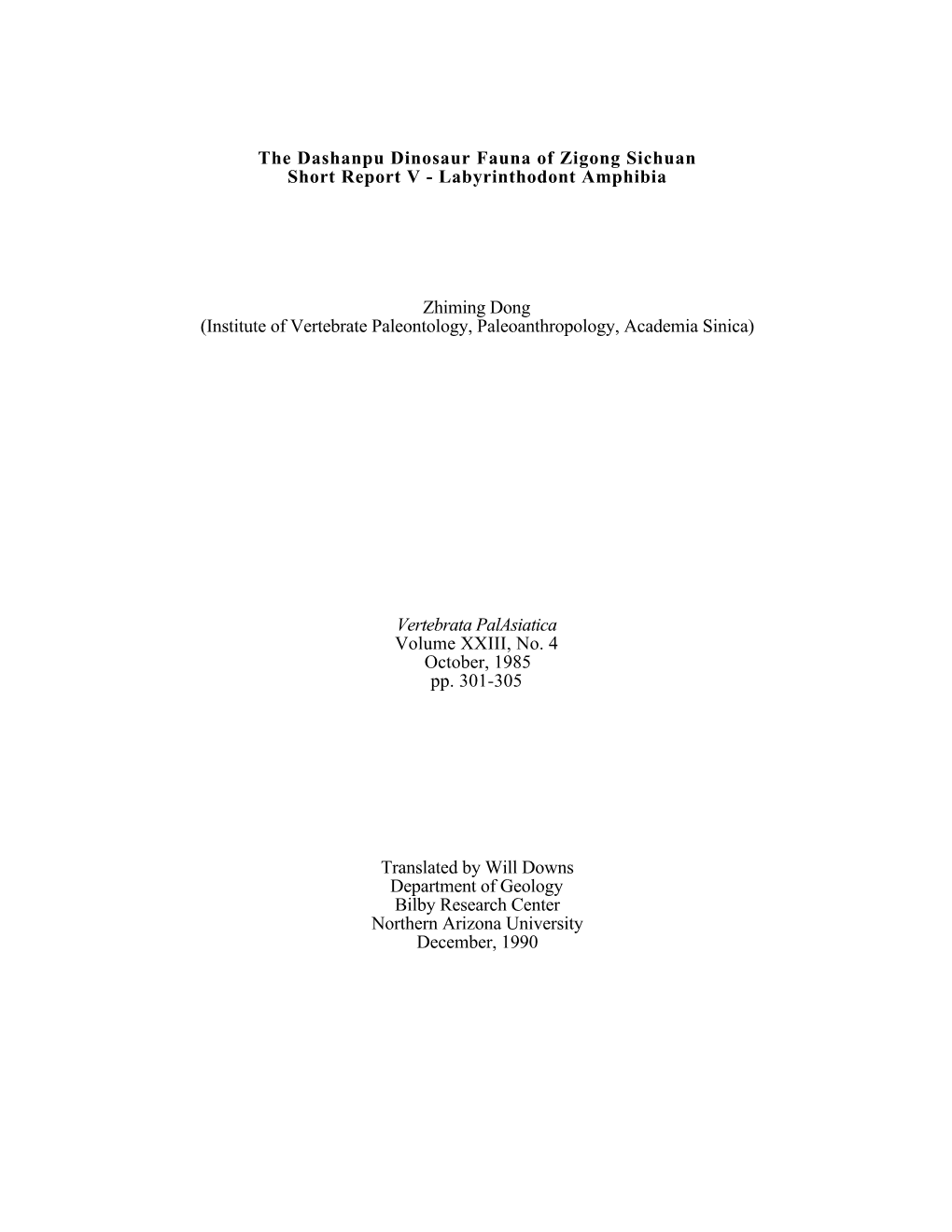 The Dashanpu Dinosaur Fauna of Zigong Sichuan Short Report V - Labyrinthodont Amphibia