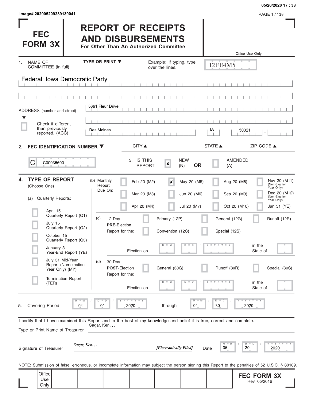 Fec Form 3X Report of Receipts and Disbursements