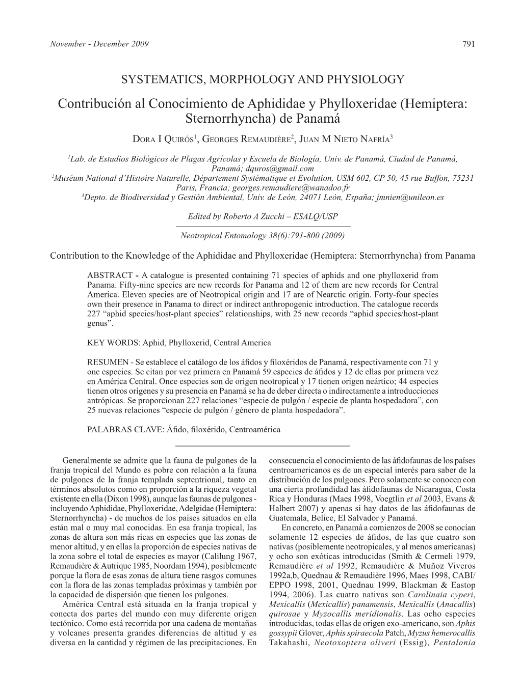 Contribución Al Conocimiento De Aphididae Y Phylloxeridae (Hemiptera: Sternorrhyncha) De Panamá