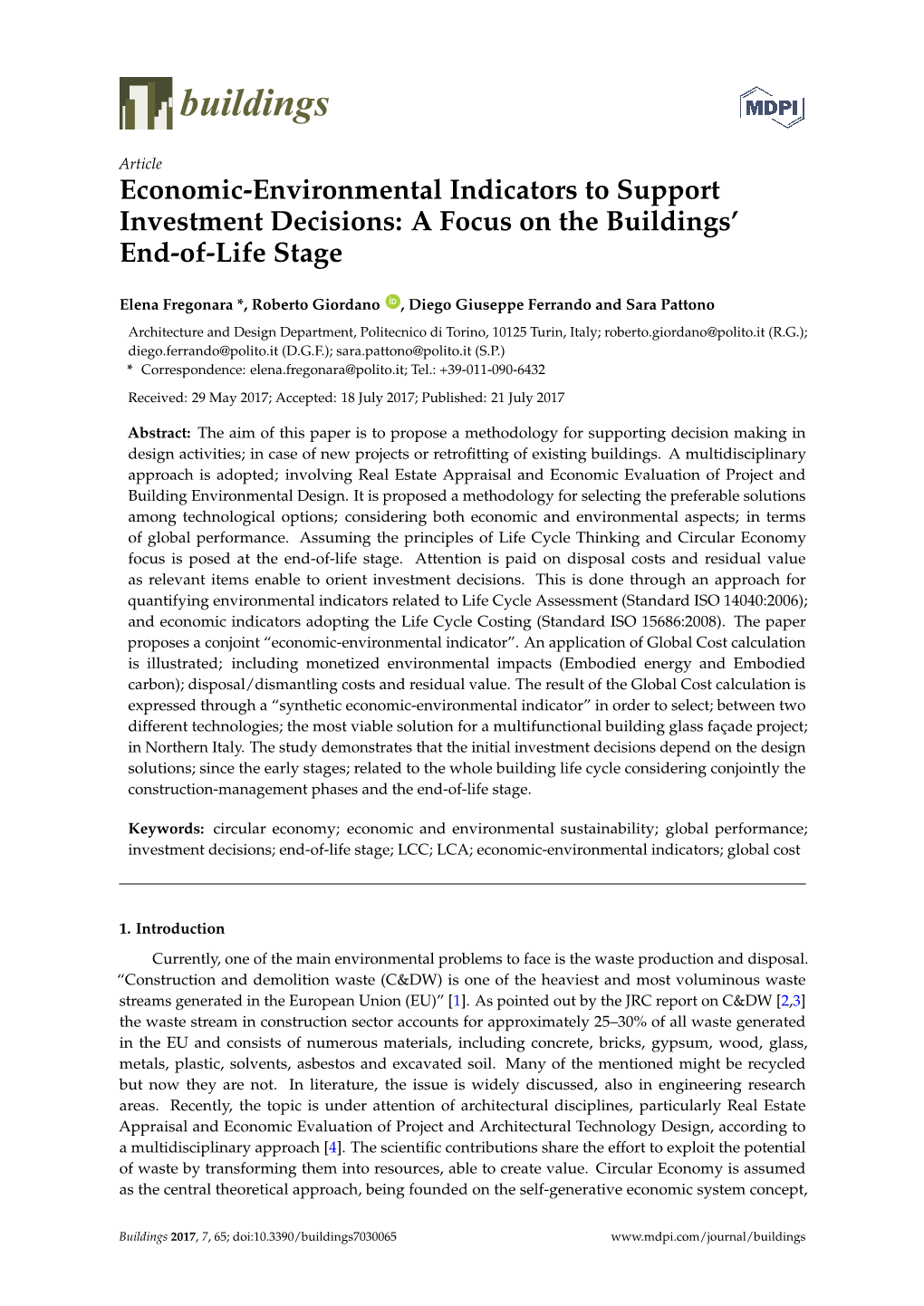 Economic-Environmental Indicators to Support Investment Decisions: a Focus on the Buildings’ End-Of-Life Stage