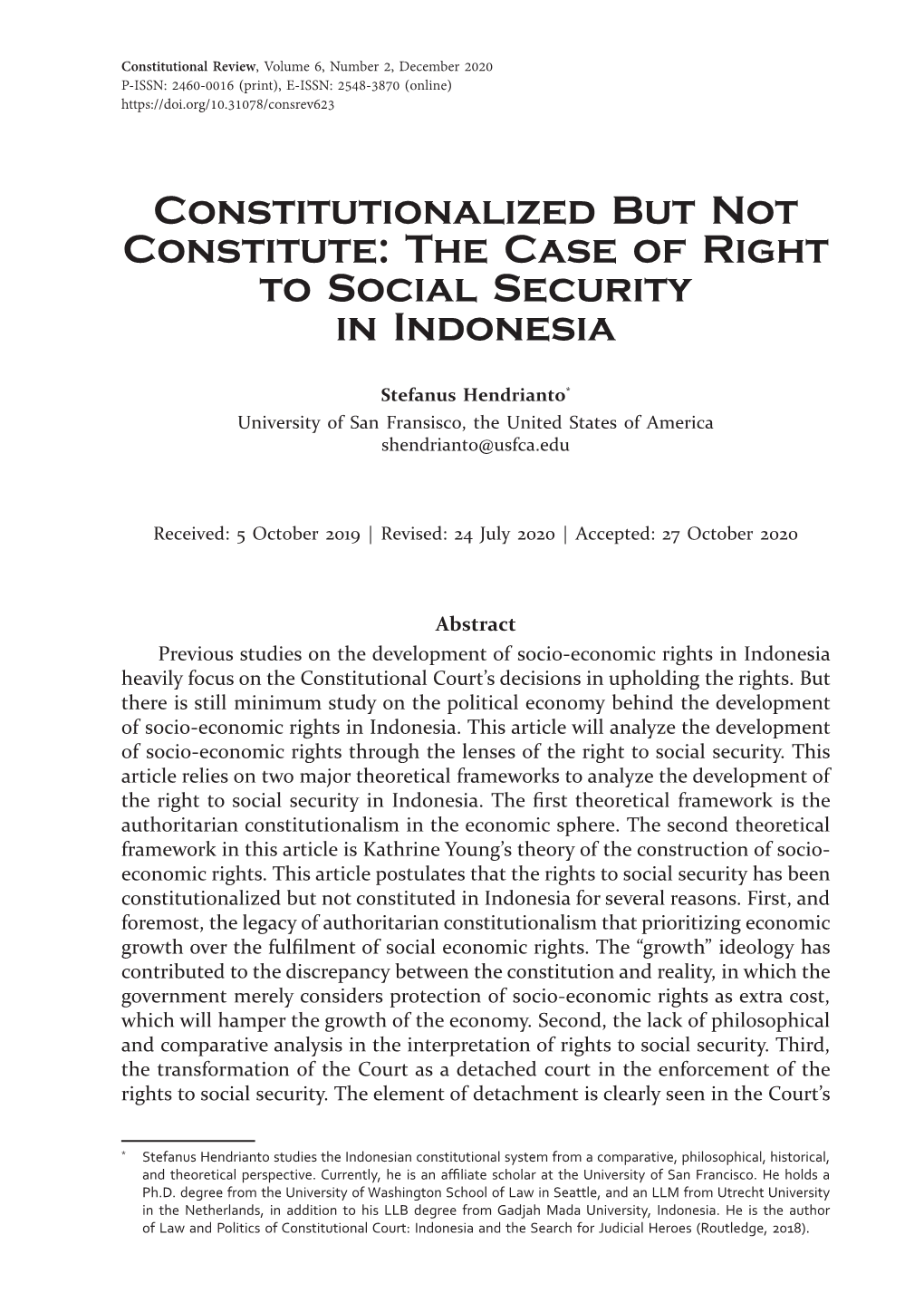 Constitutionalized but Not Constitute: the Case of Right to Social Security in Indonesia