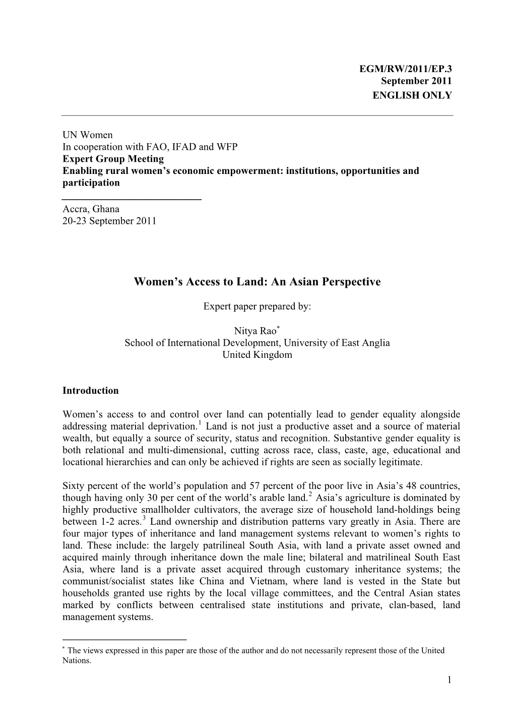 Women's Access to Land: an Asian Perspective (EGM/RW/2011/EP.3)