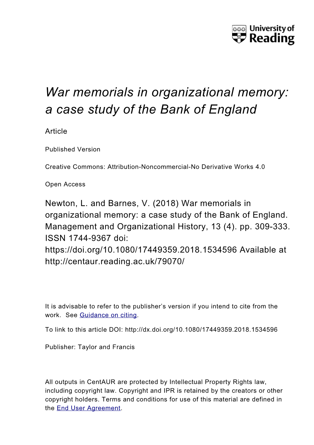 War Memorials in Organizational Memory: a Case Study of the Bank of England