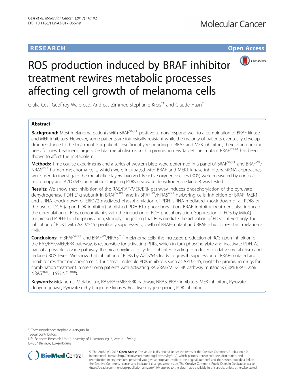 ROS Production Induced by BRAF Inhibitor Treatment Rewires