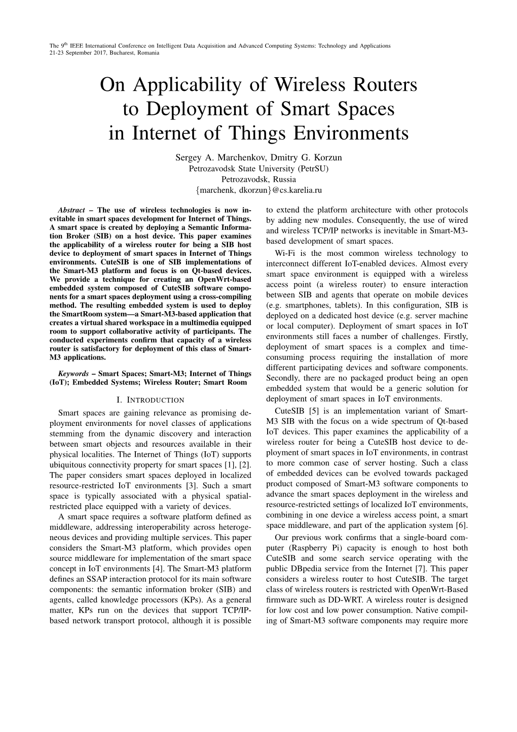 On Applicability of Wireless Routers to Deployment of Smart Spaces in Internet of Things Environments Sergey A