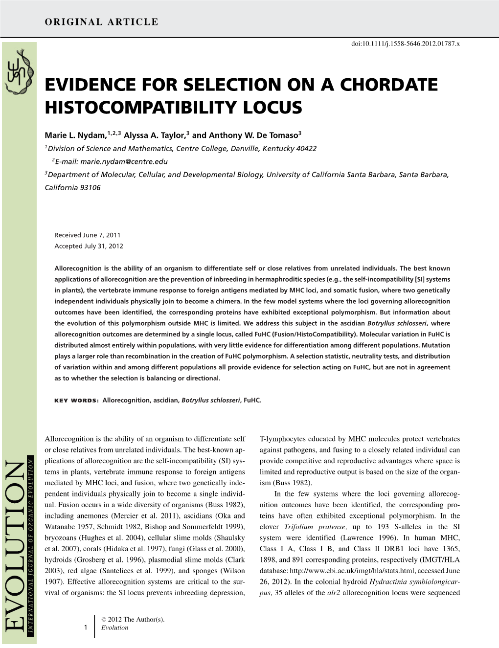 Evidence for Selection on a Chordate Histocompatibility Locus