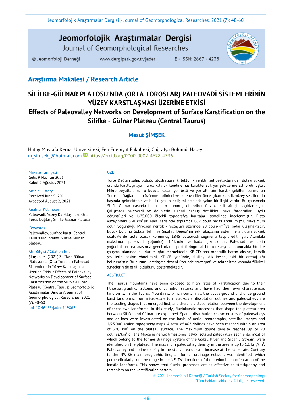 Araştırma Makalesi / Research Article SİLİFKE-GÜLNAR PLATOSU'nda