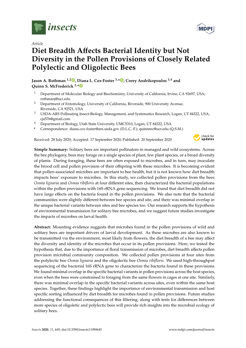 Diet Breadth Affects Bacterial Identity but Not Diversity in the Pollen