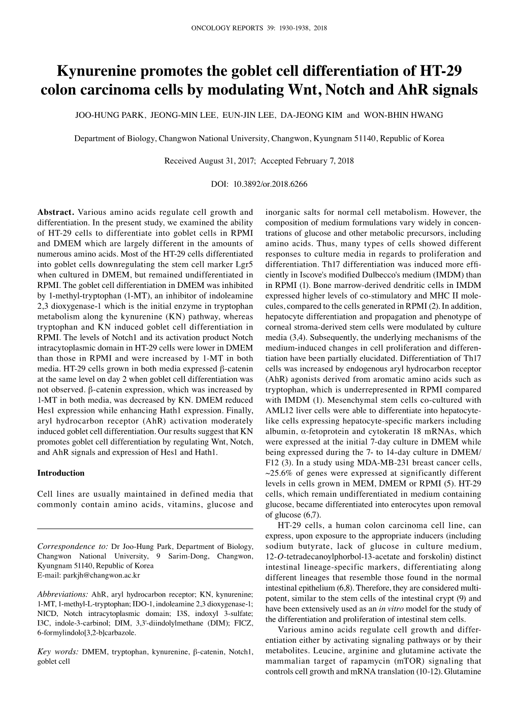 Kynurenine Promotes the Goblet Cell Differentiation of HT-29 Colon Carcinoma Cells by Modulating Wnt, Notch and Ahr Signals