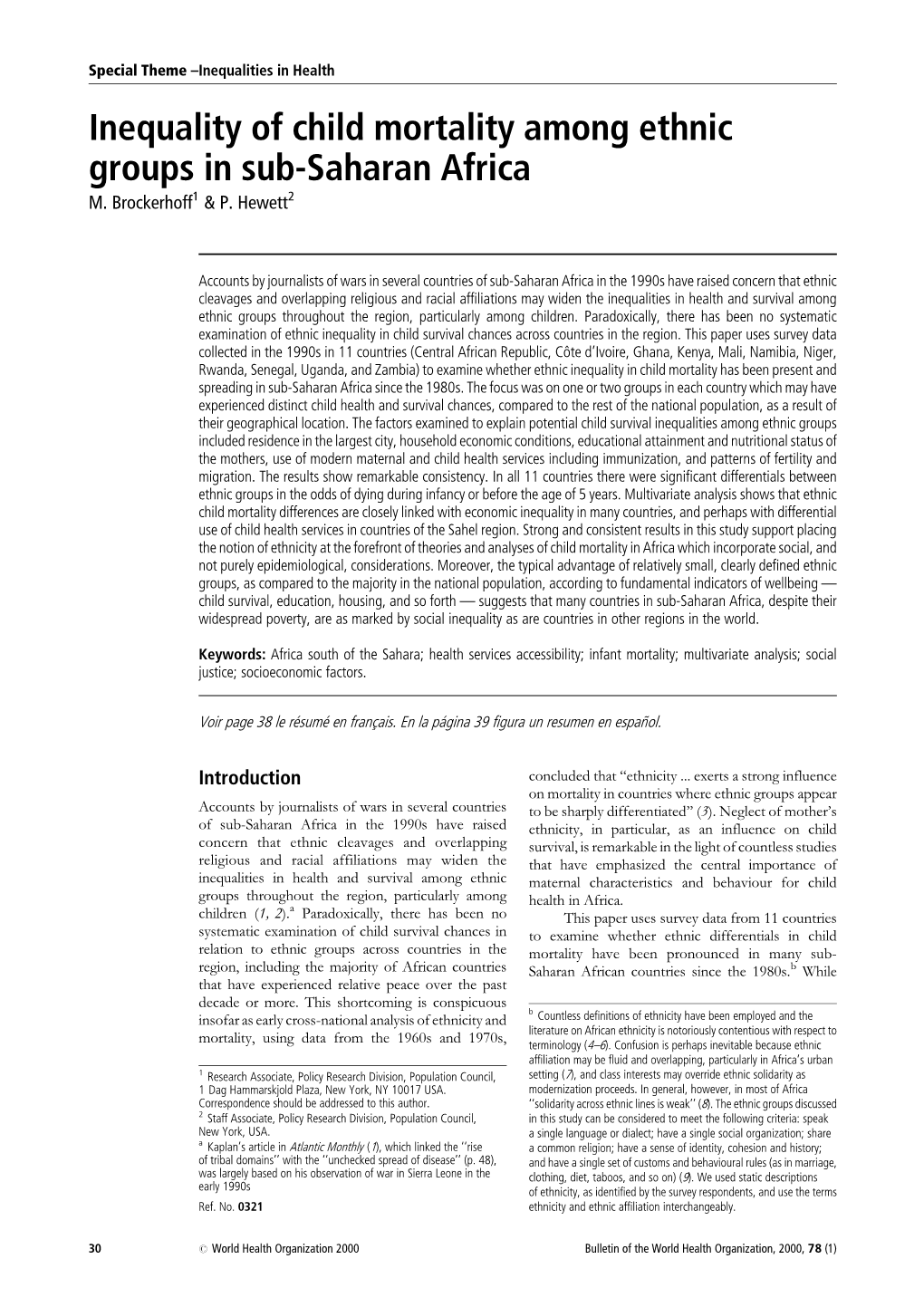 Inequality of Child Mortality Among Ethnic Groups in Sub-Saharan Africa M