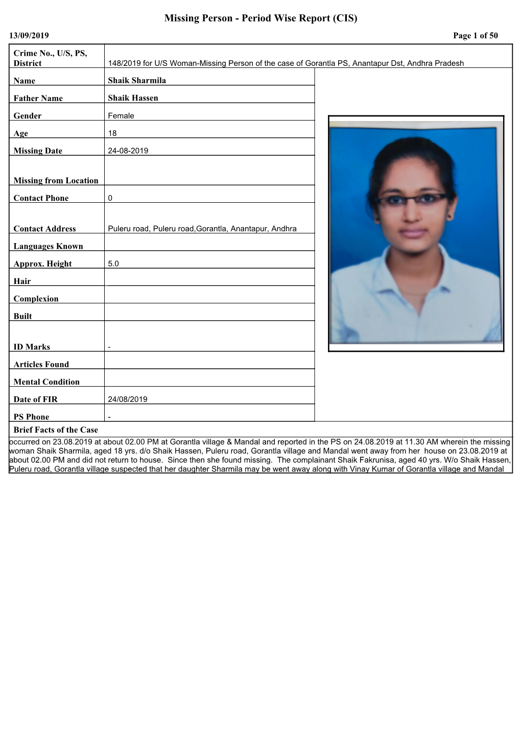 Missing Person - Period Wise Report (CIS) 13/09/2019 Page 1 of 50