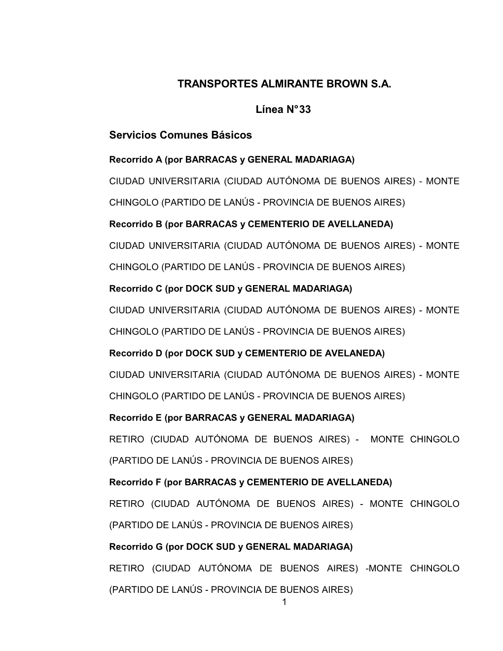 TRANSPORTES ALMIRANTE BROWN S.A. Línea N° 33 Servicios