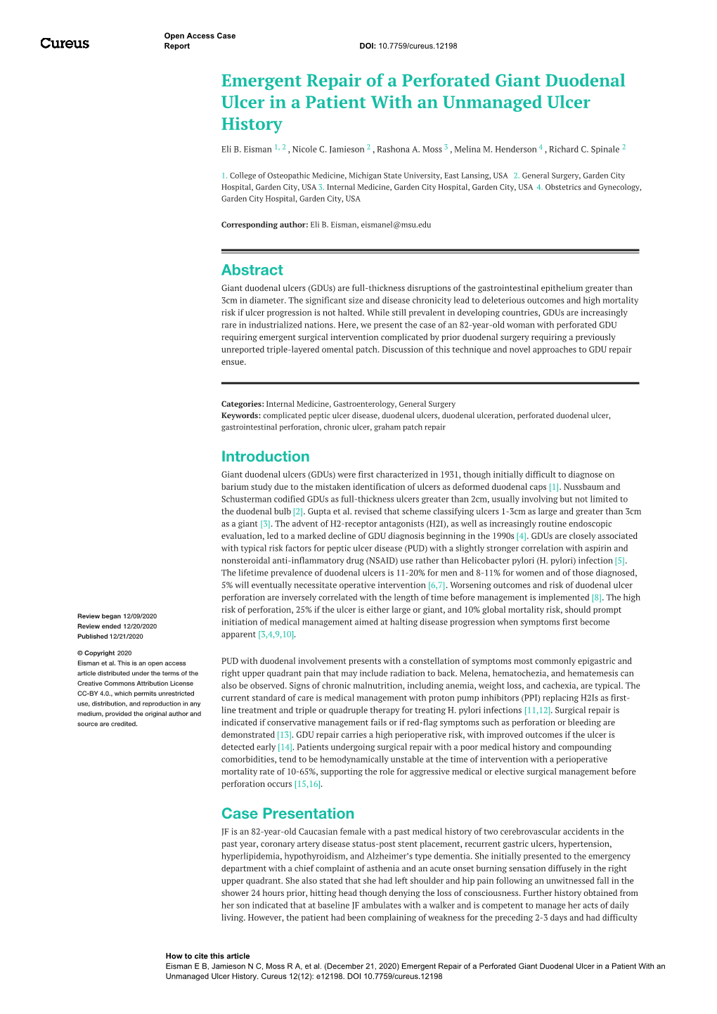 Emergent Repair of a Perforated Giant Duodenal Ulcer in a Patient with an Unmanaged Ulcer History