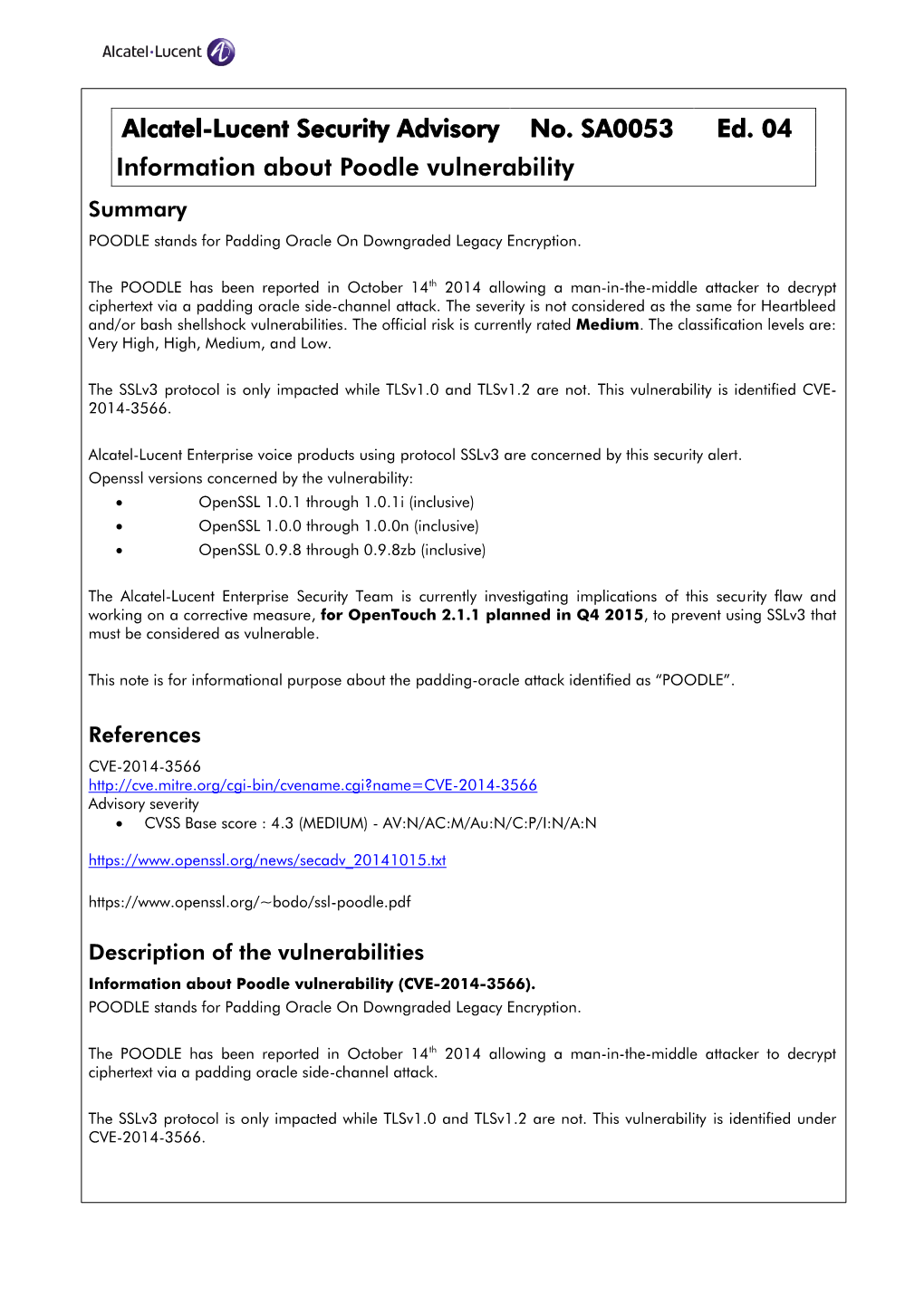 Alcatel-Lucent Security Advisory Sa0xx