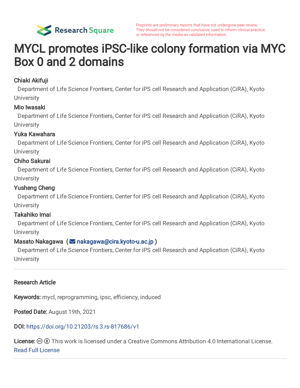 MYCL Promotes Ipsc-Like Colony Formation Via MYC Box 0 and 2 Domains