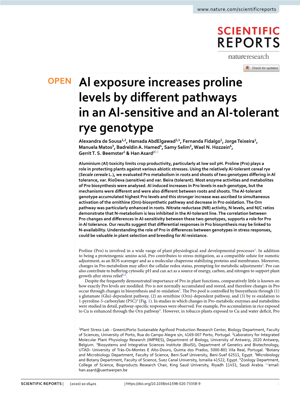 Al Exposure Increases Proline Levels by Different Pathways in An