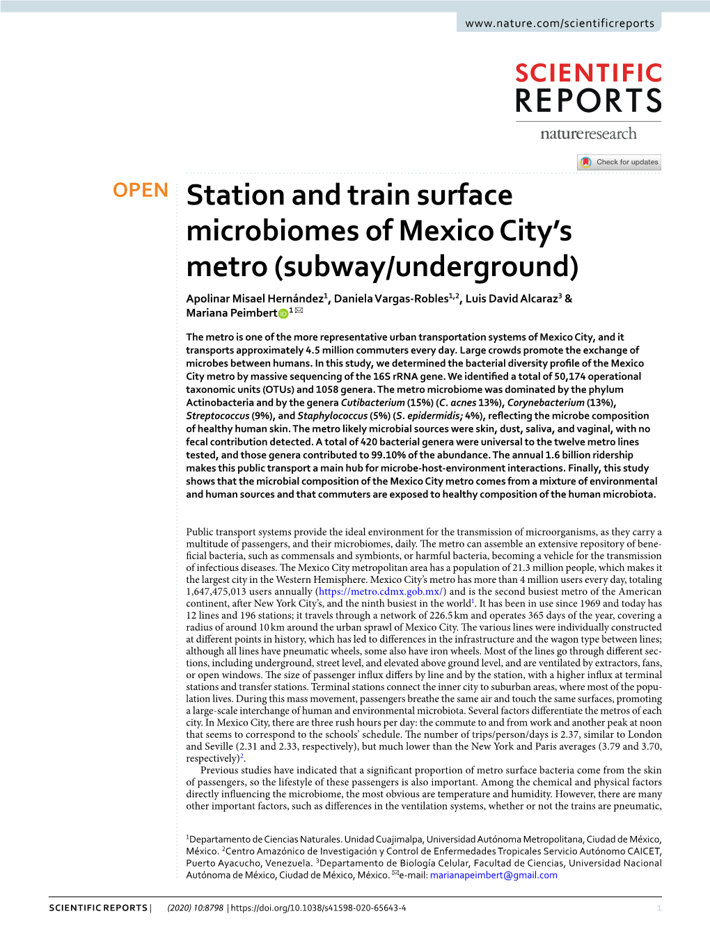 Station and Train Surface Microbiomes of Mexico City's Metro