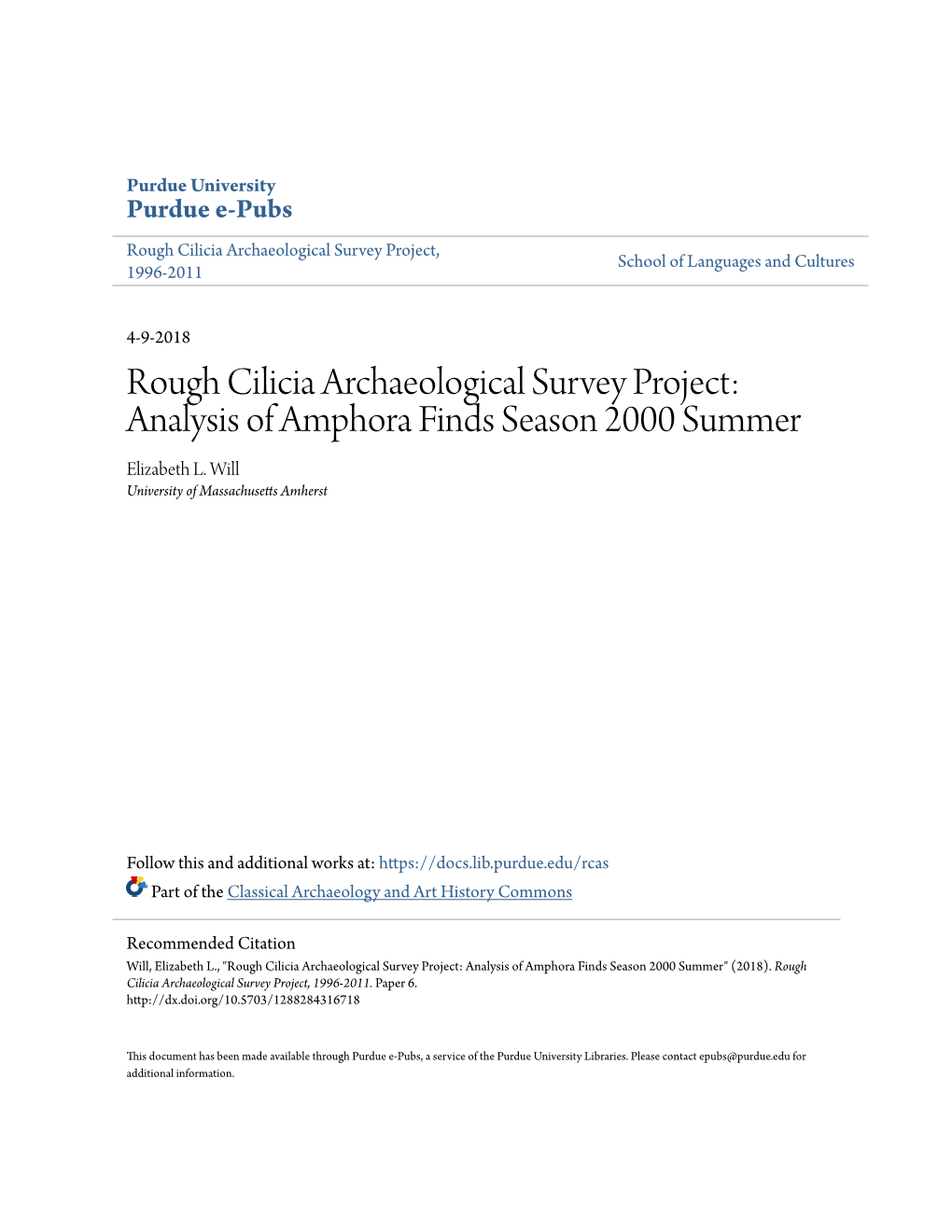 Rough Cilicia Archaeological Survey Project: Analysis of Amphora Finds Season 2000 Summer Elizabeth L
