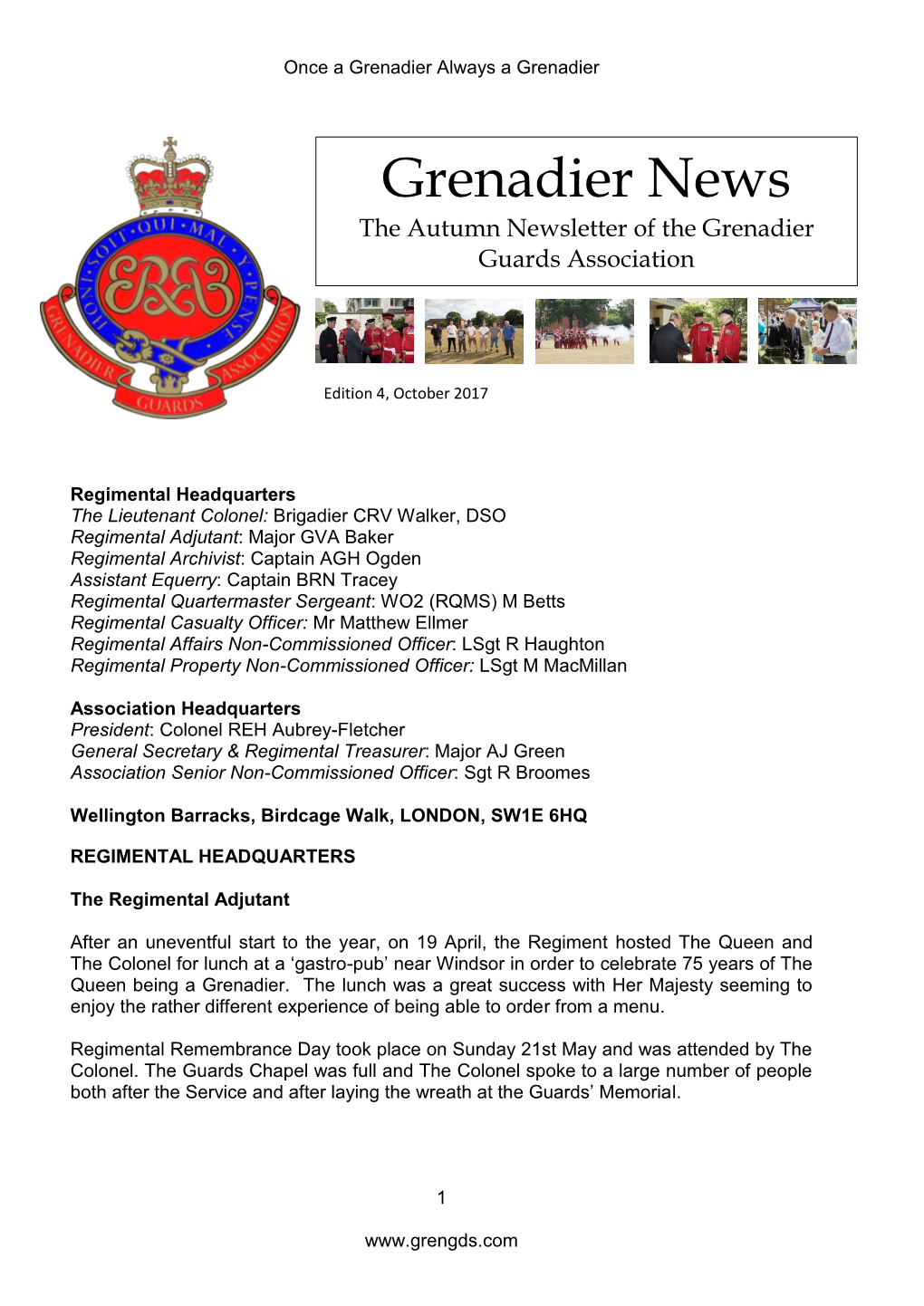 Grenadier News the Autumn Newsletter of the Grenadier Guards Association