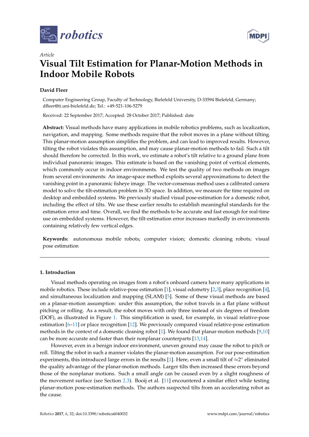 Visual Tilt Estimation for Planar-Motion Methods in Indoor Mobile Robots