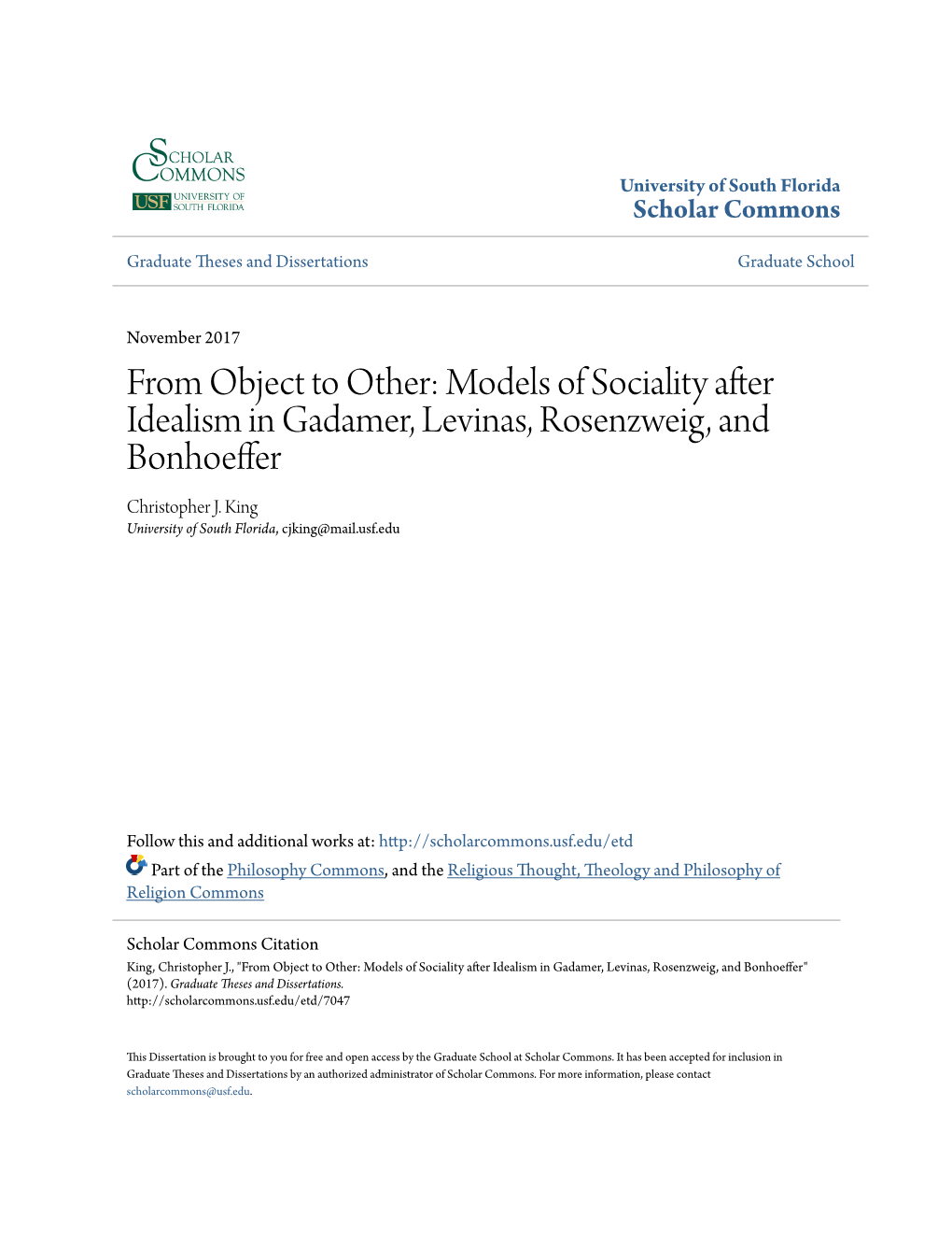 Models of Sociality After Idealism in Gadamer, Levinas, Rosenzweig, and Bonhoeffer Christopher J