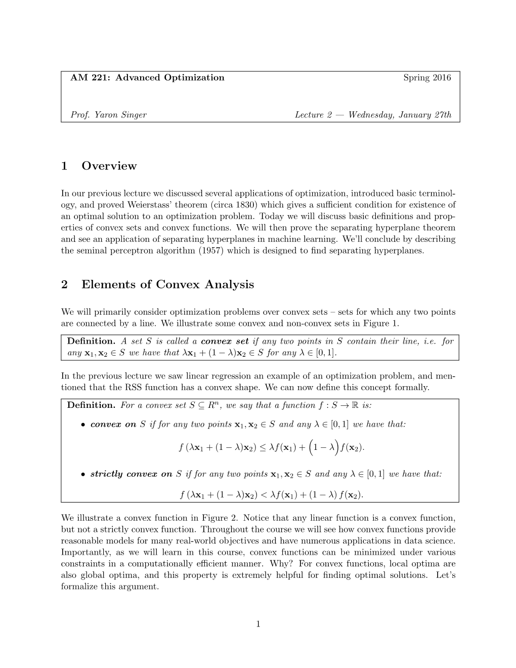 1 Overview 2 Elements of Convex Analysis