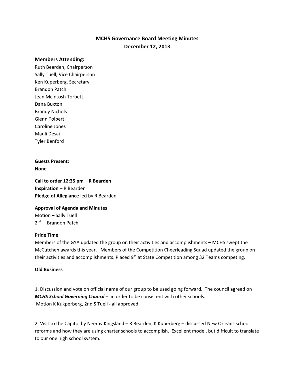 MCHS Governance Board Meeting Minutes December 12, 2013