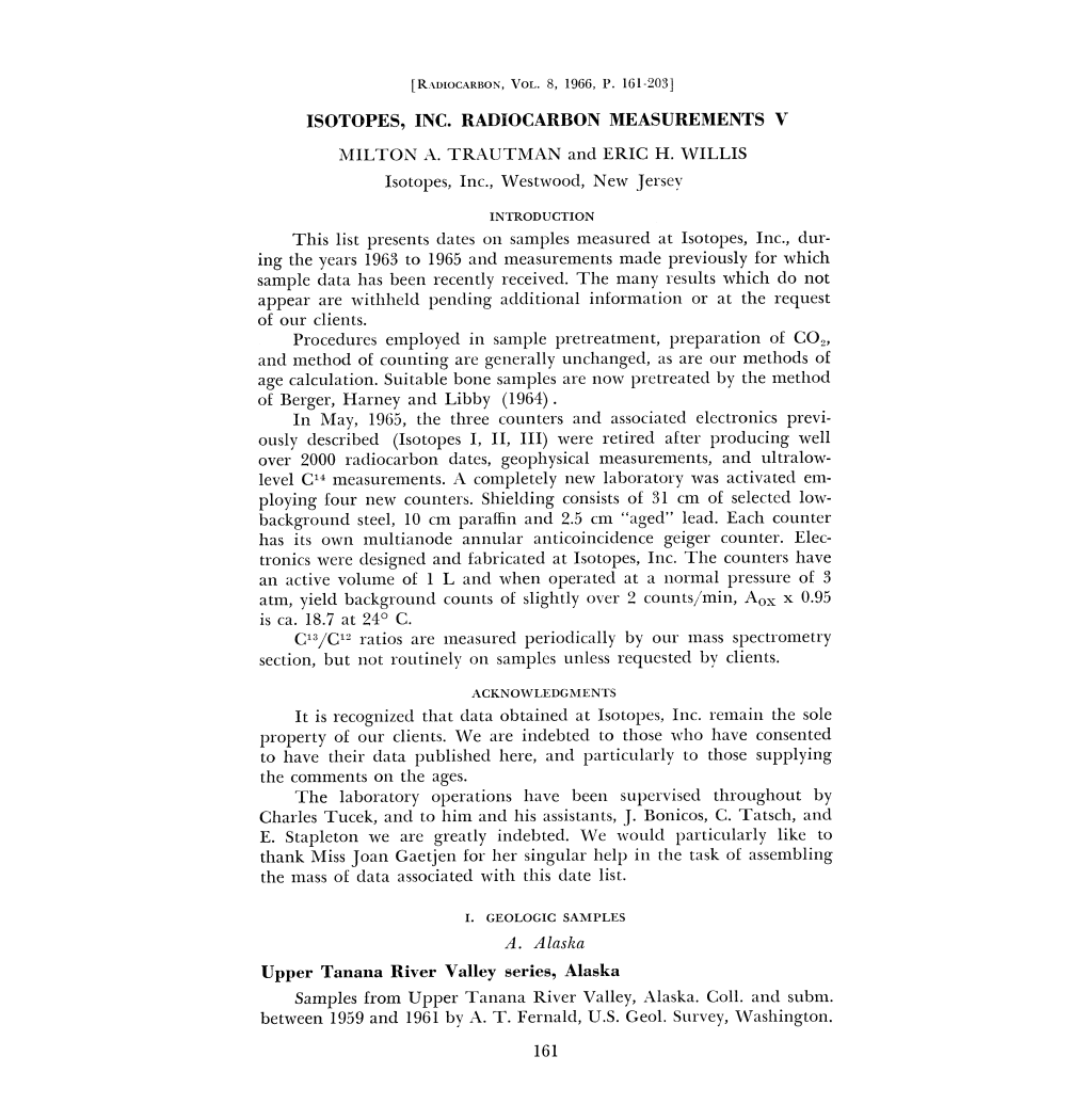 Isotopes, Inc. Radiocarbon Measurements V Milton A