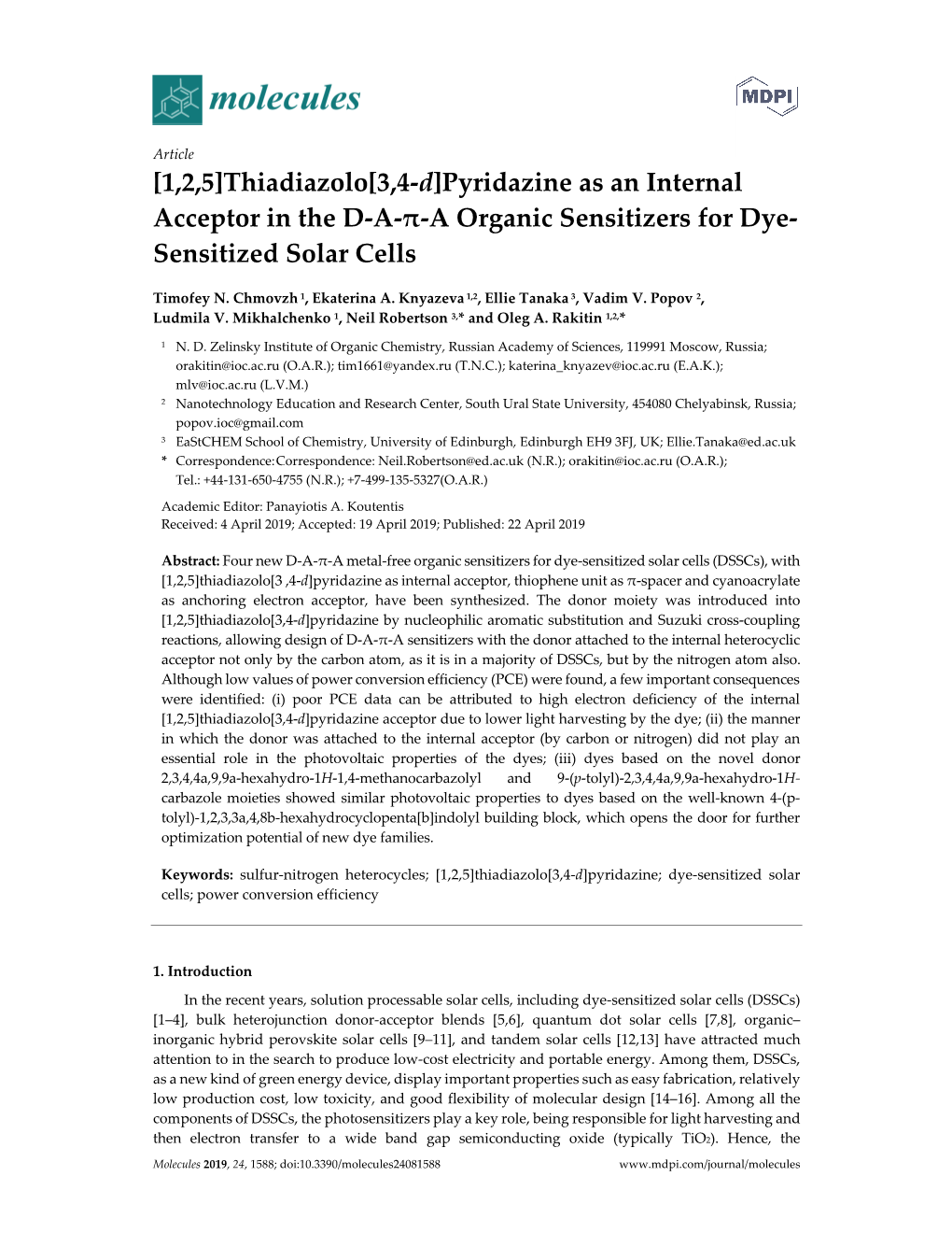 [1,2,5]Thiadiazolo[3,4-D]Pyridazine As an Internal Acceptor in the DA-Π-A