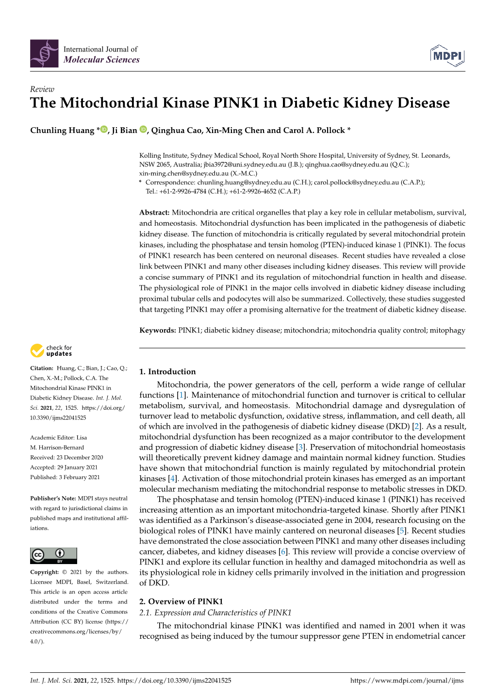 The Mitochondrial Kinase PINK1 in Diabetic Kidney Disease