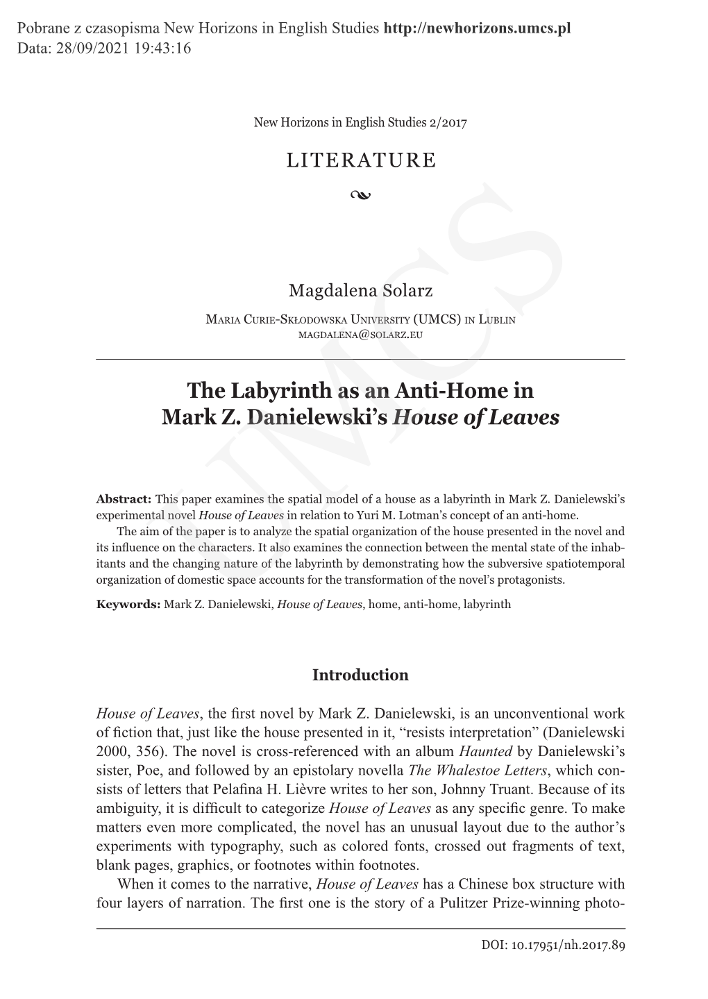 The Labyrinth As an Anti-Home in Mark Z. Danielewski's House Of