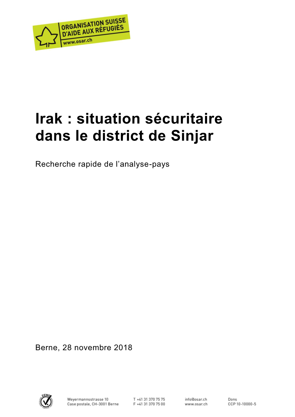 Irak : Situation Sécuritaire Dans Le District De Sinjar